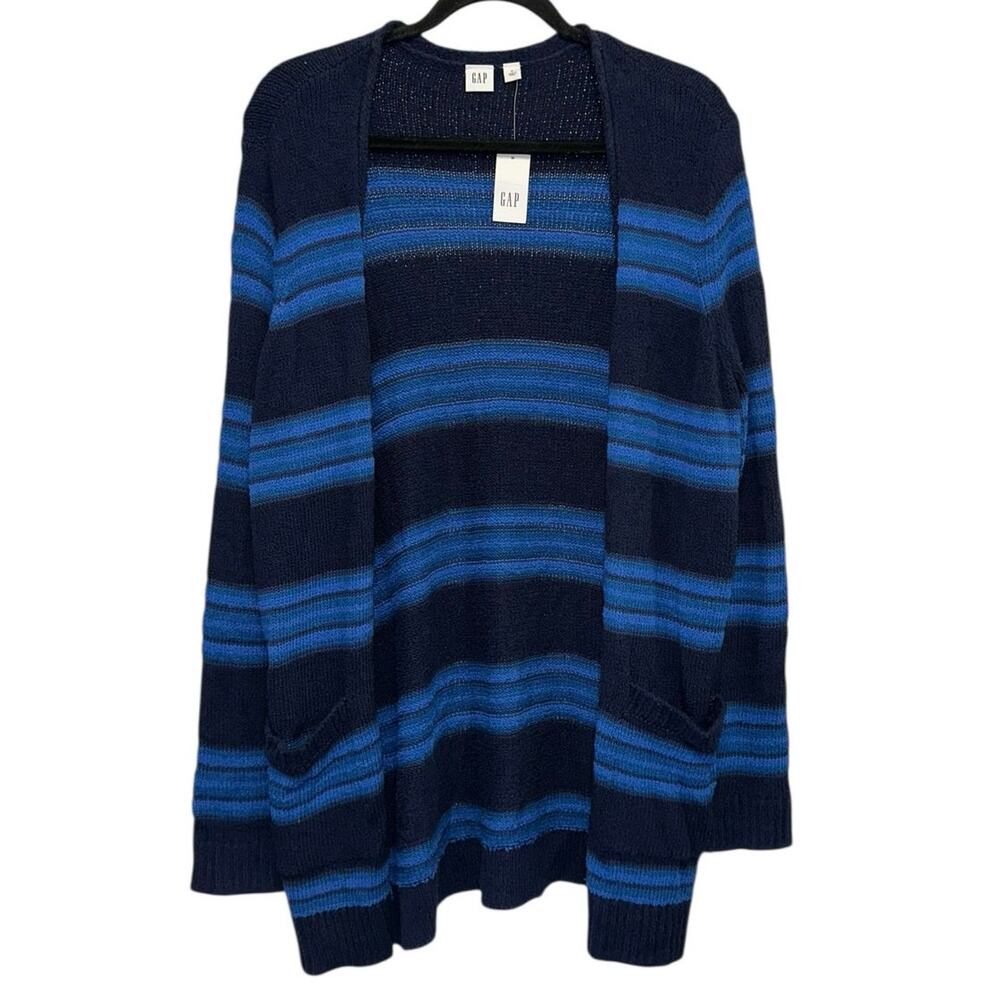 NWT Gap Feather Striped‎ Open Front Cardigan Blue Knit Sweater Small